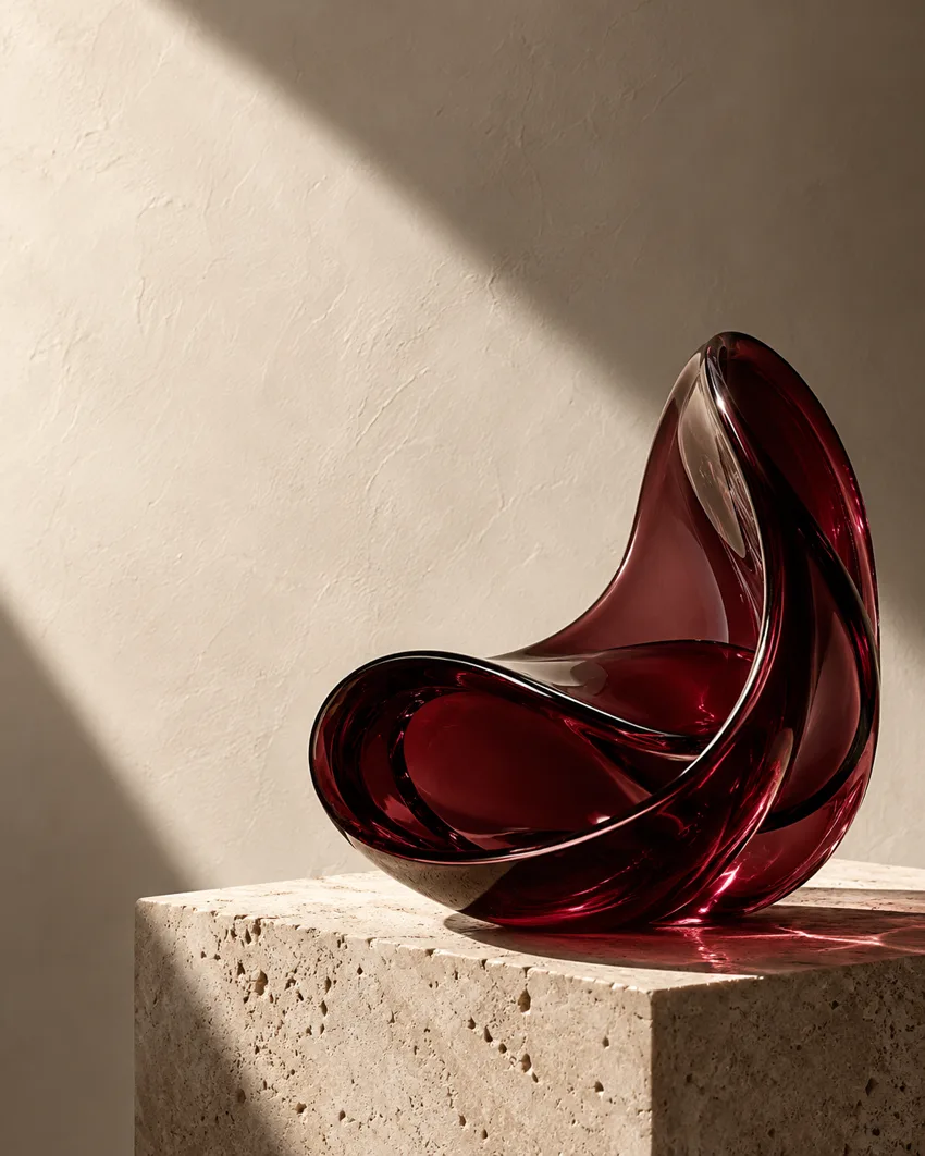 Original editorial campaign concept with a sculptural deep-red glass object
